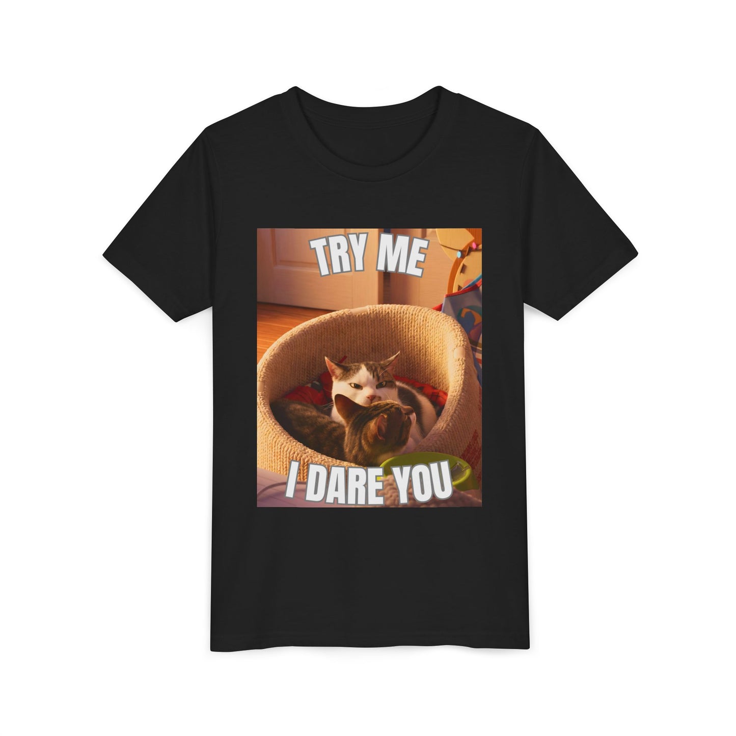 Try Me I Dare You Youth Cat T-Shirt - Funny Angry Cat Meme Tee