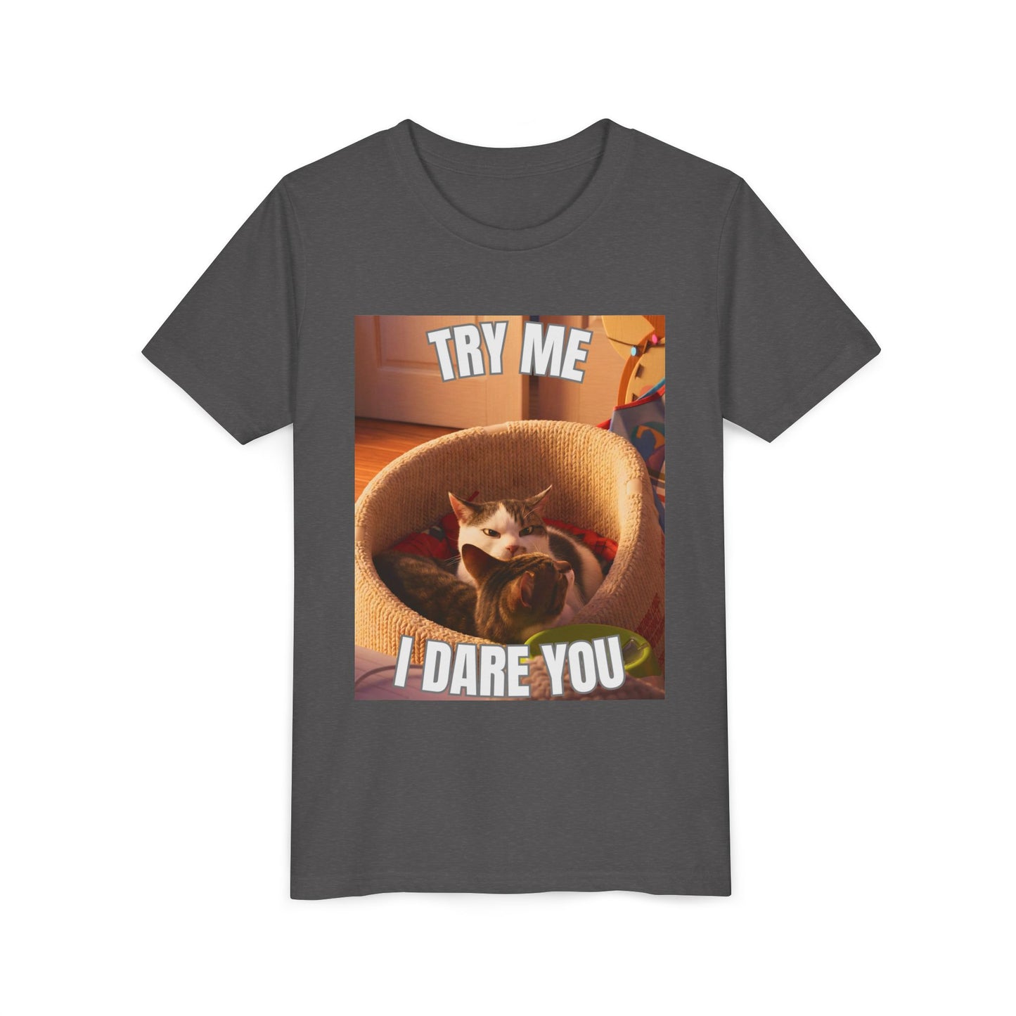 Try Me I Dare You Youth Cat T-Shirt - Funny Angry Cat Meme Tee