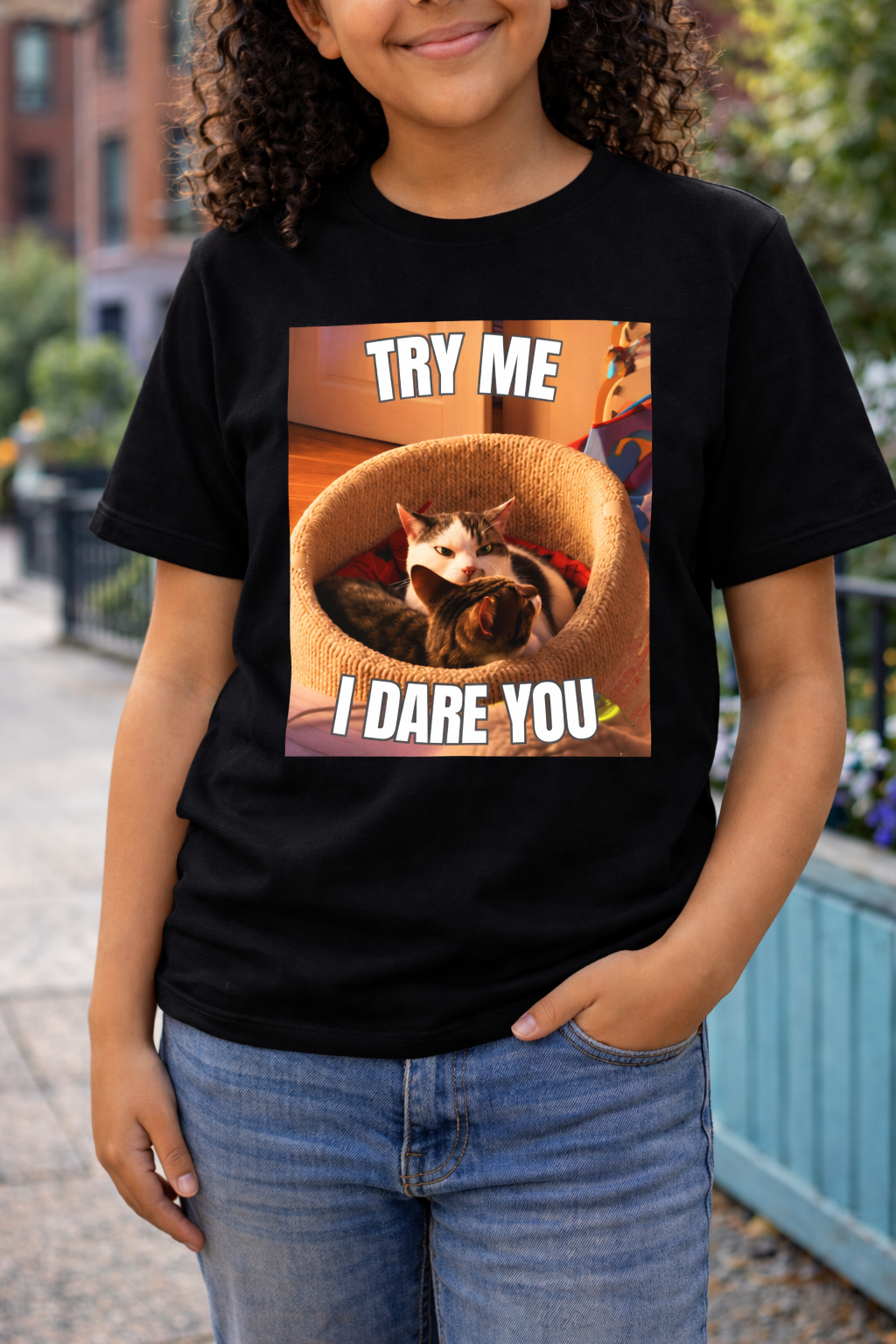 Try Me I Dare You Youth Cat T-Shirt - Funny Angry Cat Meme Tee