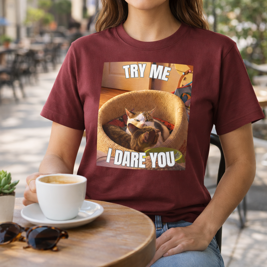 Try Me I Dare You Cat T-Shirt - Funny Angry Cat Meme Tee