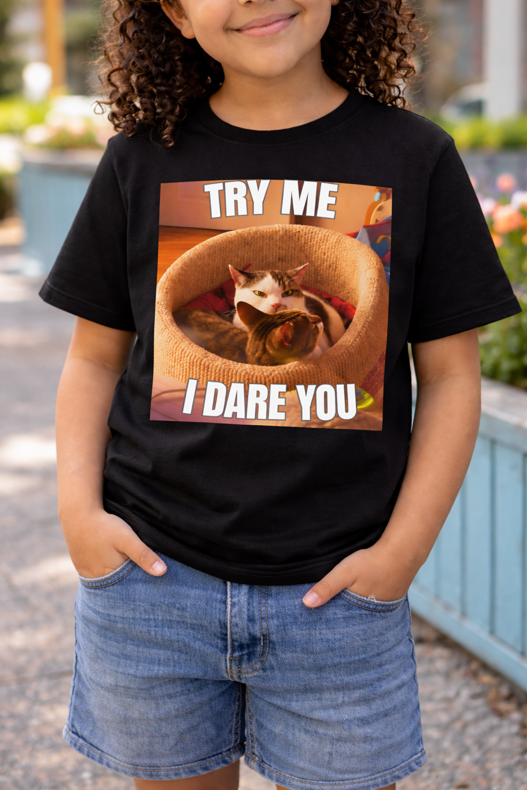 Try Me I Dare You Toddler Cat T-Shirt - Funny Angry Cat Meme Tee