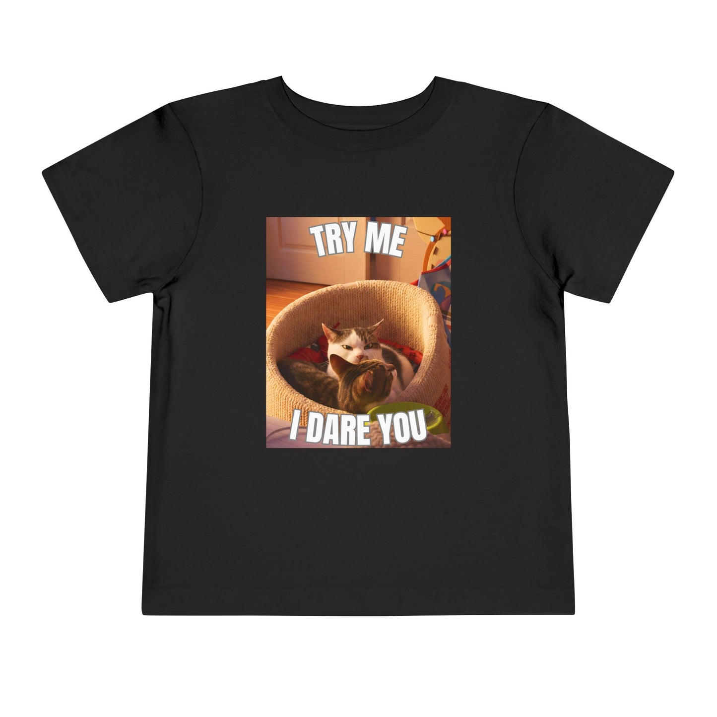 Try Me I Dare You Toddler Cat T-Shirt - Funny Angry Cat Meme Tee