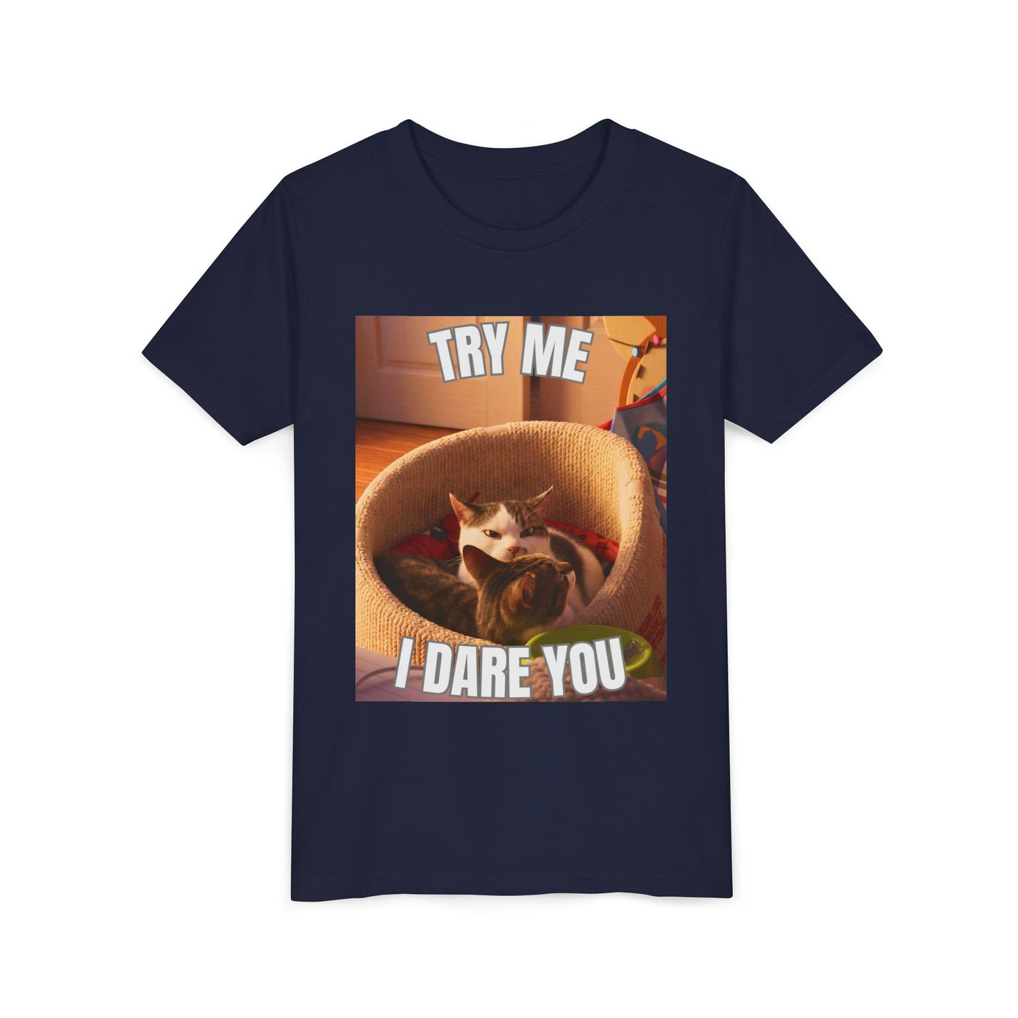 Try Me I Dare You Youth Cat T-Shirt - Funny Angry Cat Meme Tee
